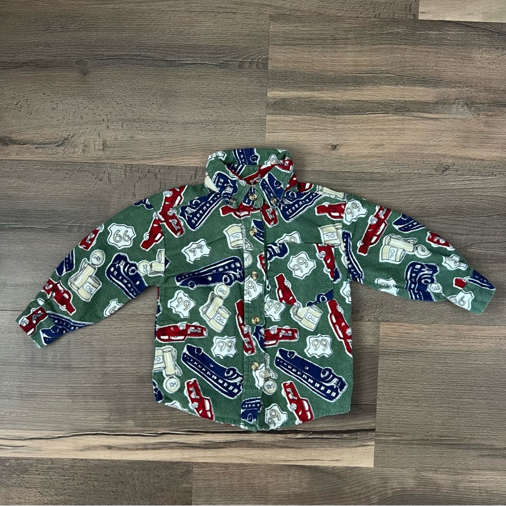 Vintage Great Land Toddler Green Flannel Button Down Route 66 Road Trip SIze 2T